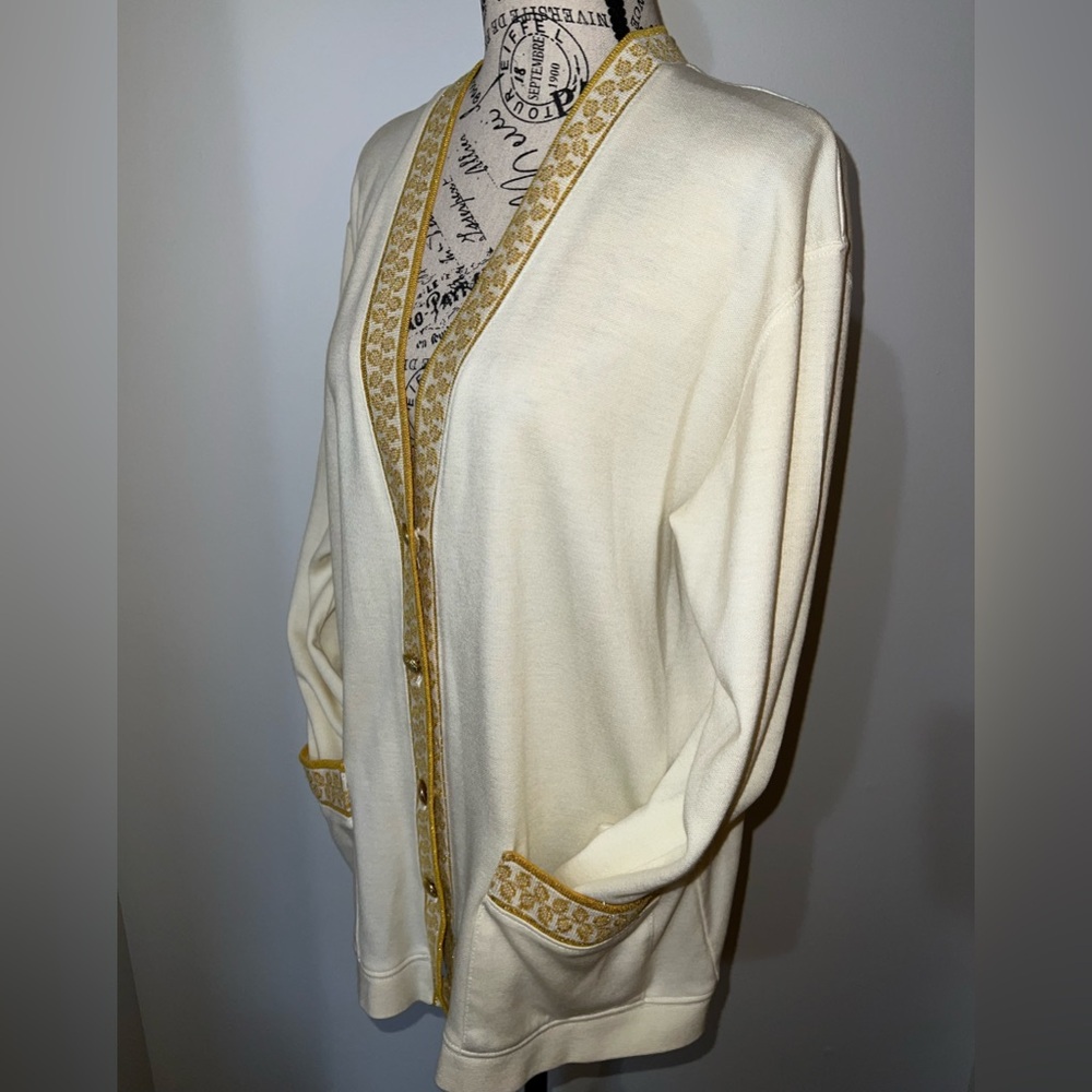 Cathy Daniel’s 90s Vintage Ivory & Gold Trim Cardigan/Size Large - Picture 4 of 14